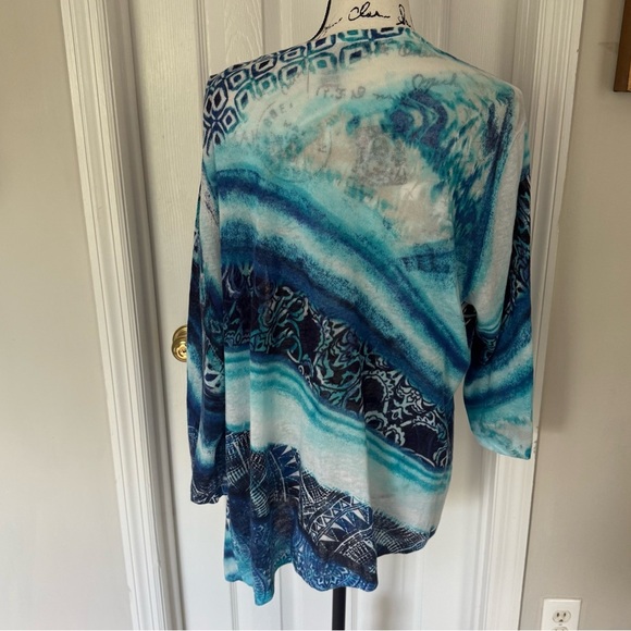 Chico's Blue Watercolor Open Front Cardigan Size 3/XL Thin Lightweight Linen - Picture 5 of 6